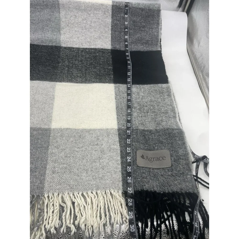 TerryTown Wool Blend Throw Blanket Gray Black White Plaid Fringe 60x50 Soft Cozy